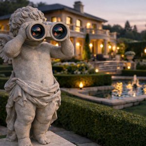 cherub guardian statue holding binocular surveillance optics in luxury estate garden