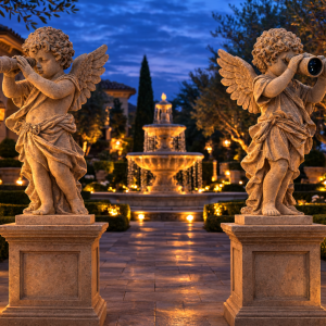 cherub statue set, garden guardian statues, stone cherub sculpture, estate entrance statues, garden sculpture pair, architectural garden statues, luxury garden sculptures, classical garden statues, estate sculpture set, stone guardian statues, cherub garden statues, outdoor estate sculptures, decorative garden statues, villa garden sculptures, stone pedestal statues
