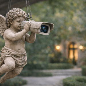 cherub angel guardian statue holding surveillance telescope for estate security