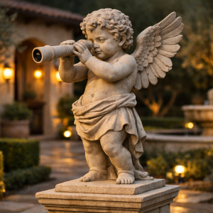 stone cherub guardian statue holding observation telescope in luxury estate garden