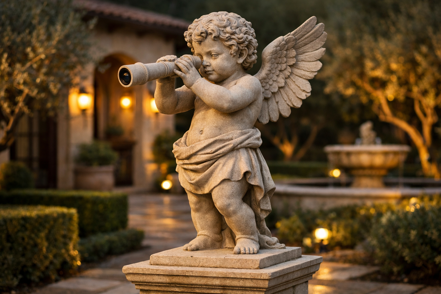 Cherub Custodian Watcher Guardian Statue stone cherub guardian statue holding observation telescope in luxury estate garden