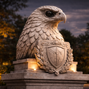 Stone eagle guardian statue with integrated surveillance camera designed for luxury estates