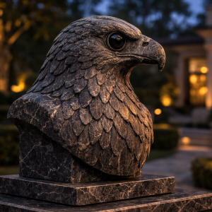 black basalt eagle guardian bust statue with integrated guardian optics and obsidian lens covers