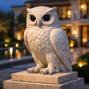 stone owl guardian statue with integrated surveillance optics for luxury estate gardens