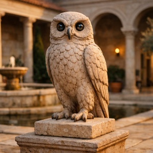 travertine owl guardian statue with integrated surveillance optics in estate courtyard